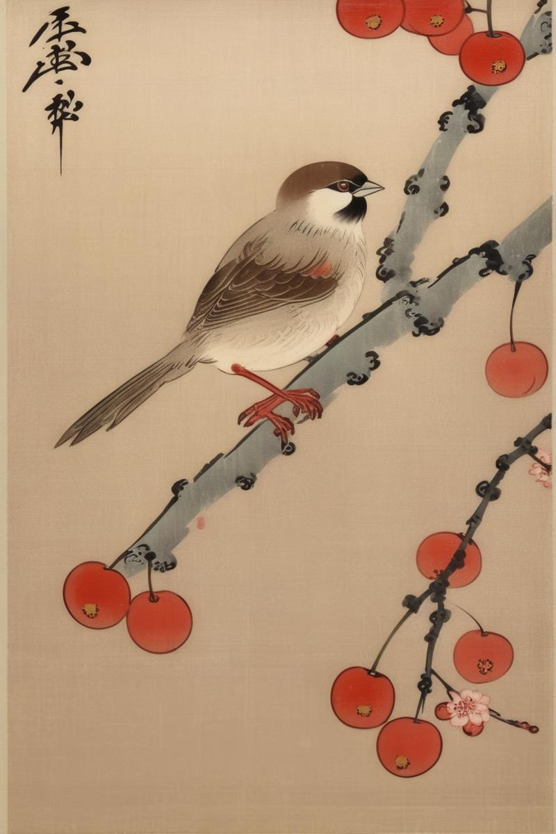 00178-3547233063-_lora_Ohara Koson Style_1_Ohara Koson Style - a sparrow on a cherry blossom branch in the style of Koson Ohara.png